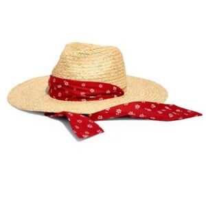 👒 Madewell Scarf Strap Straw Hat In Bandana Red tan beach/sunhat S/M